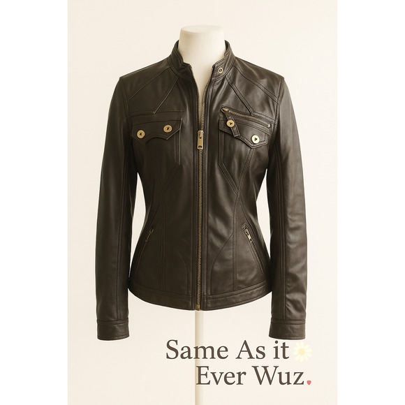 Freda M Brown Faux Leather Moto Jacket Gold Zip Pockets Vegan PVC Lined - Picture 1 of 13